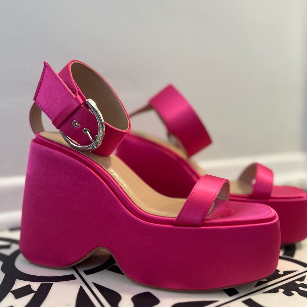 PINK satin wedges / platform heels (NASTYGAL) - Picture 1 of 5